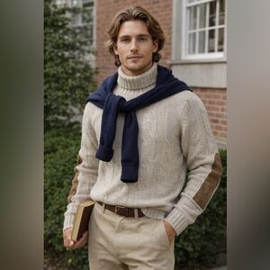 H953 Men's Baby Alpaca & Merino Wool Cable Knit Sweater with Elbow Patches